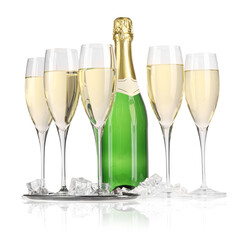 Champagne in glasses and bottle isolated on white. Sparkling wine