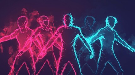 A vibrant digital illustration of silhouetted figures in neon pink and blue, expressing movement and dance against a dark background.
