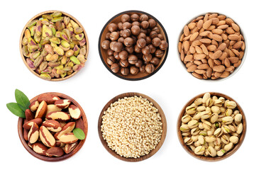Brazil and other nuts in bowls isolated on white, set. Top view