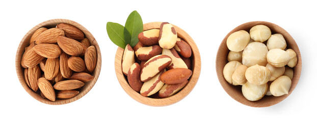 Brazil and other nuts in bowls isolated on white, set. Top view