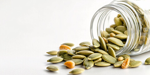 foods high in magnesium concept. Green Pumpkin Seeds Spilling from Glass Jar