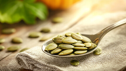foods high in magnesium concept. Fresh Pumpkin Seeds on Spoon with Natural Light