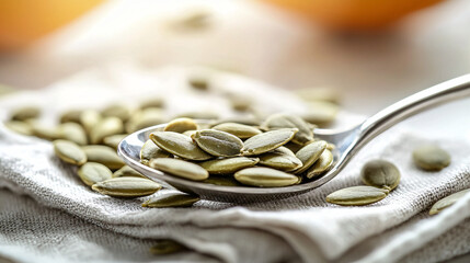 foods high in magnesium concept. Raw Green Pumpkin Seeds on Spoon with Textile Background