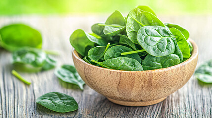 foods high in magnesium concept. Fresh Spinach Leaves in Wooden Bowl on Table