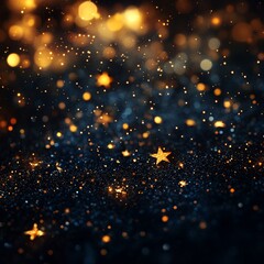 Fototapeta premium Golden stars scattered on a glittery dark surface with glowing lights. Perfect for festive or celebration themes.