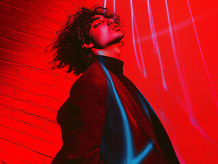 Elegant Man in Red Turtleneck with Dramatic Lighting Against Brick Wall
