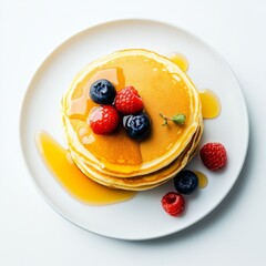 A stack of fluffy pancakes with syrup and berries, isolated white background, abstract art style