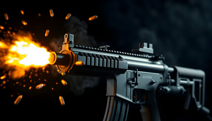 Dark background, flaming rifle muzzle, shooting fire, military weapon, night scene, high contrast, intense lighting, metallic gun barrel, tactical firearm, sparks flying, muzzle flash, dramatic illumi