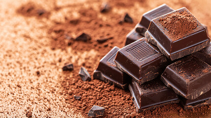 foods high in magnesium concept. Rich Chocolate Blocks on Cocoa Powder Background
