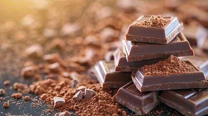foods high in magnesium concept. Delicious Chocolate Stacked With Cocoa Powder