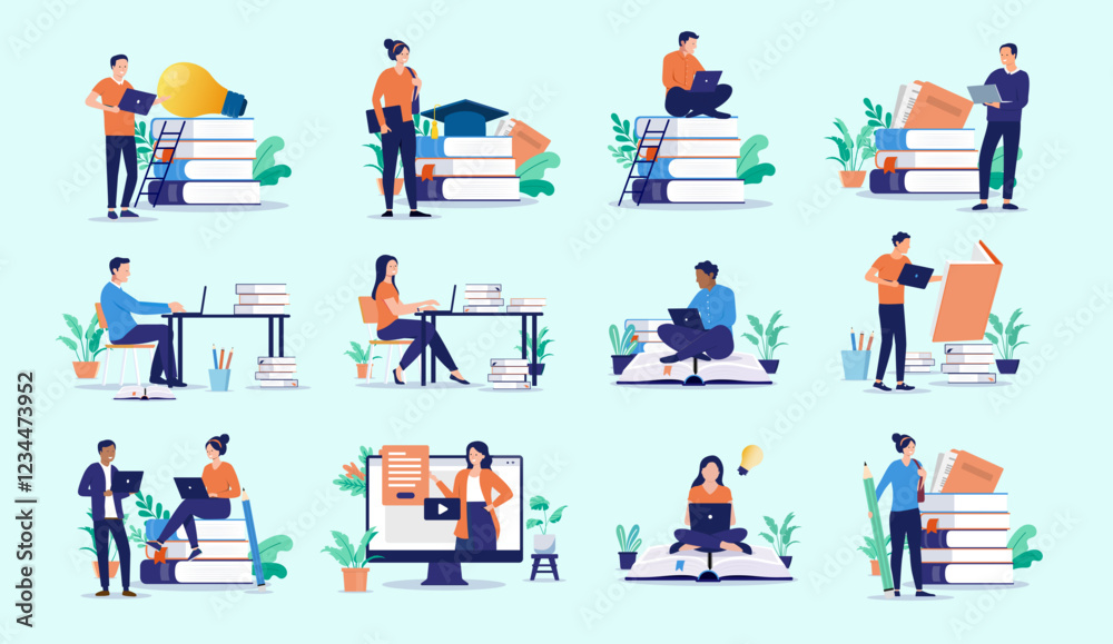 Leinwandbilder Studying end education vector collection - Set of graphics with student people working and reading for school and courses online. Flat design illustrations on blue background