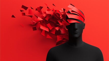 A striking art piece featuring a black silhouette with a fragmented red head against a vivid red background, symbolizing creativity and mental explosion.