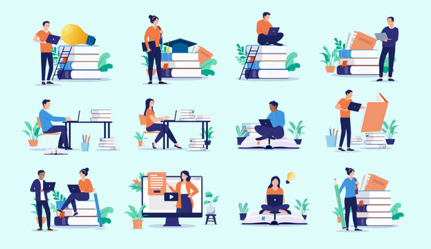 Studying end education vector collection - Set of graphics with student people working and reading for school and courses online. Flat design illustrations on blue background
