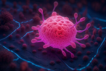 Pink glowing microorganism, bacterium, virus on a dark background