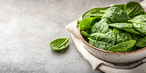 foods high in magnesium concept. Fresh Spinach Leaves in Rustic Bowl on Textured Table