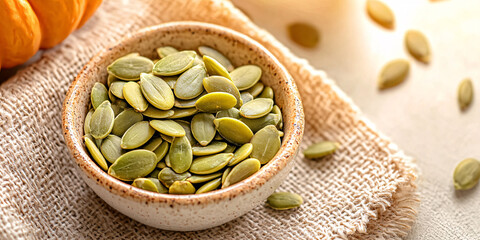 foods high in magnesium concept. Fresh Pumpkin Seeds in Ceramic Bowl on Linen Cloth