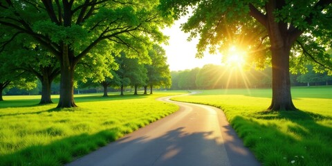 Obraz premium Serene Sunset Stroll along a Winding Path in a Lush Green Meadow with Majestic Trees