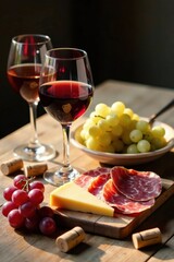 Aromatic Red Wine with Gourmet Cheese and Cured Meat, Accompanied by Sunlit Grapes