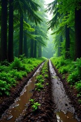 Serene Forest Path A Misty Green Canopy, Twin Ruts Reflecting Tranquil Waters, Lush Undergrowth
