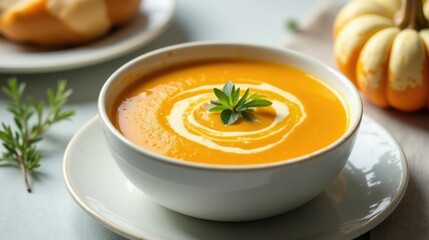 Creamy Autumnal Soup in a Bowl, Garnished with Fresh Herbs and a Swirl of Cream, Served with Bread