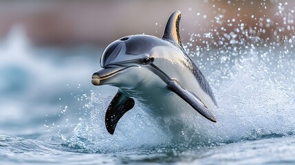 Smiling dolphin jumping out of the water with a sparkling ocean background
