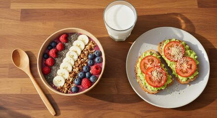 Delicious Smoothie Bowl and Avocado Toast Breakfast