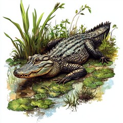 Fototapeta premium Realistic Illustration of Alligator Relaxing Among Water Lilies in Wetland Habitat
