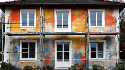 Obraz premium Facade of house under renovation with scaffolding, colorful wall, and white windows