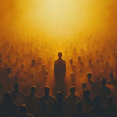 Obraz premium A glowing figure standing out in a dark crowd, symbolizing individuality or uniqueness. Great for leadership or creative themes.