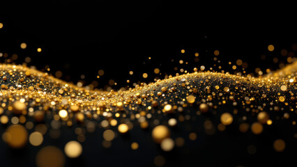 Festive glittery gold confetti floating on black background.