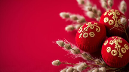 red decorative easter eggs with gold embroidery on red background with free space.