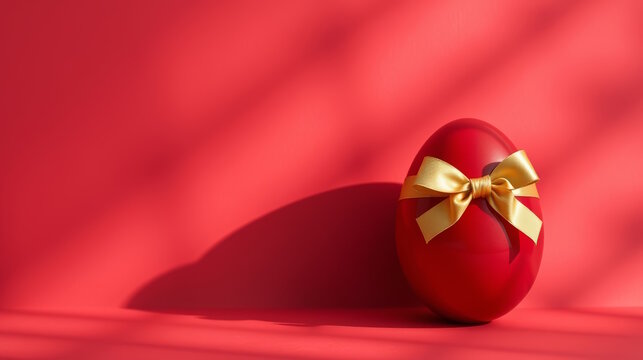 red glossy easter egg with gold bow on clean background