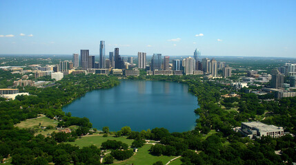Naklejka premium Under the evening blue sky, the iconic skyline of Austin with its tall, modern buildings is clearly reflected in Lake Josephine, presenting a bustling and lively cityscape that defines Texas's capital