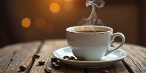 Aromatic Steam Rising From a Cup of Coffee on Rustic Wooden Table