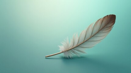 Obraz premium Single Delicate Bird Feather on a Teal Background, a Symbol of Lightness and Airiness, Evoking Feelings of Freedom and Serenity