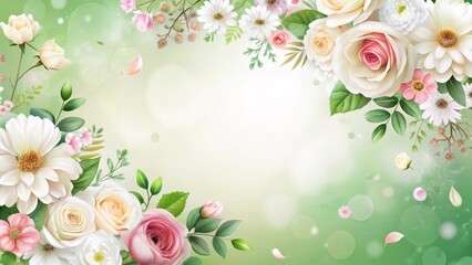 Wedding card with space for inscription, decorated with delicate roses and daisies against a blurred green garden backdrop, exuding warmth and gratitude