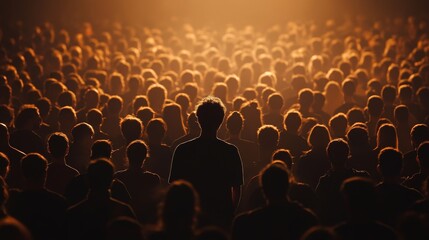 A glowing figure standing out in a dark crowd, symbolizing individuality or uniqueness. Great for leadership or creative themes.