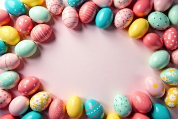 Obraz premium Pastel Easter Eggs Frame on Pink Background Perfect for Springtime Celebrations and Festive Designs