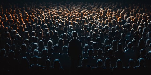 Obraz premium A glowing figure standing out in a dark crowd, symbolizing individuality or uniqueness. Great for leadership or creative themes.