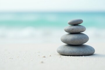 Serene Coastal Stones A Balanced Stack of Gray Pebbles Resting on a Tranquil White Sandy Beach with a Blurred Ocean Background