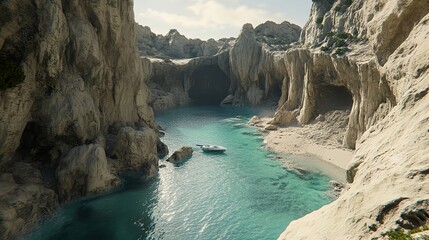 Serene Pastel Coastline with Turquoise Waves and Smooth Rocks