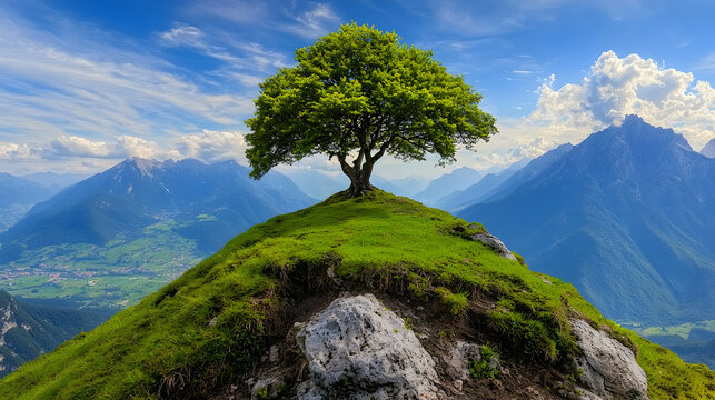 Lone tree atop mountain, valley below, sunny day, nature postcard
