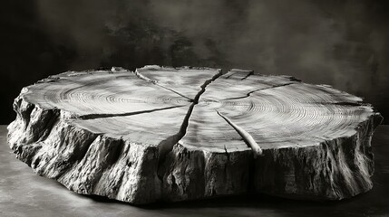 A dramatic black-and-white photograph of an aged tree stump, displaying concentric growth rings, cracks, and organic lines that narrate the passage of time