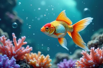 Fototapeta premium A Vibrant Orange and Teal Fish Swims Gracefully Amidst Lush Coral Reefs and Bubbles