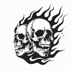 Flaming Skull Images Vector. Black white Skull Fire Flames Vector Image on white background.