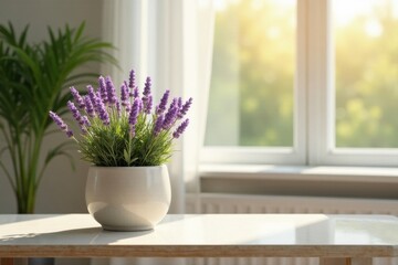 Fototapeta premium Sunlit Lavender in a White Pot on a Table by a Window