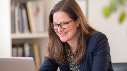 Smiling businesswoman looks at her laptop screen in her office.  She is wearing glasses and a dark blue blazer.