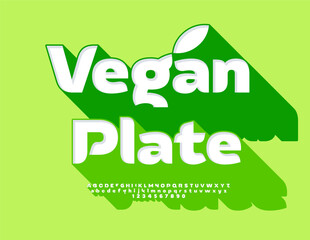 Vector signboard Vegan Plate for Cafe. Elegant White Font with Big Green Shadow. Set of Fashion Alphabet Letters and Numbers.