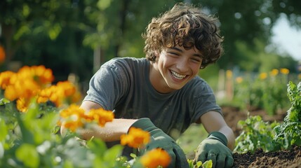 A happy young man tending to his garden, surrounded by vibrant orange flowers and lush greenery.  He's smiling and enjoying the simple pleasures of nature.