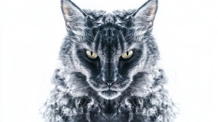 Close-up portrait of a gray, long-haired cat with intense yellow eyes. The cat's fur is fluffy and textured, and its expression is serious and alert.